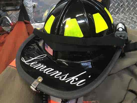 Lettering on a fire helmet