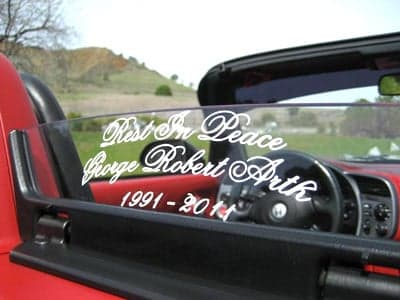 Custom vinyl lettering on a vehicle window