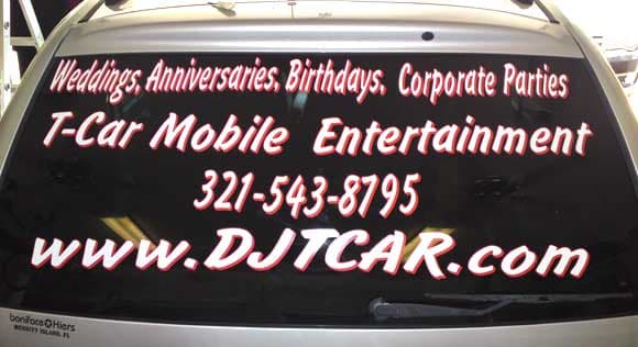 Lettering on the back window of a mini van
