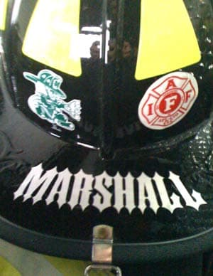 Lettering on a Fireman's helmet