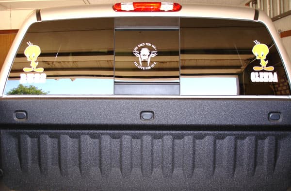 Custom graphics and lettering on a truck window