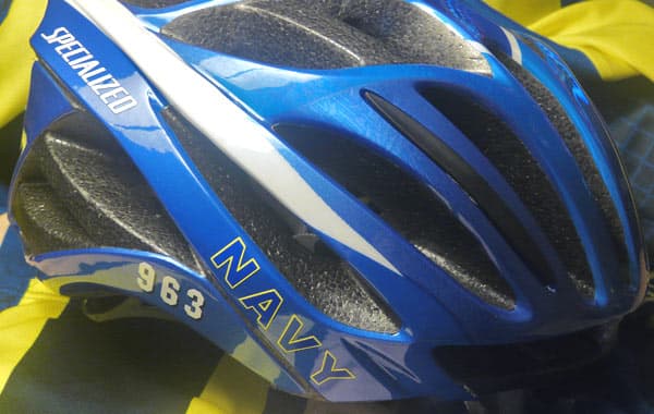 Custom vinyl lettering on a helmet.