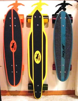 Vinyl decals on skateboards.