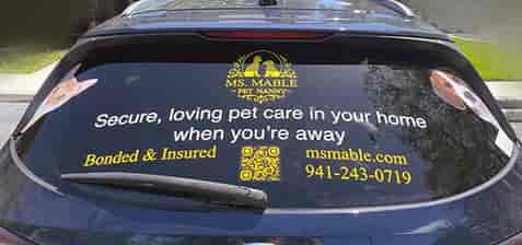 Submitted by: Victoria Livingston, Pet Sitter / Owner, Ms. Mable Pet Nanny LLC, Secure, Loving Pet Care When You’re Away, 941.243.0719, info@msmable.com, msmable.com Custom Vinyl Car Window Decal