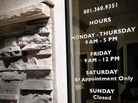 Submitted by: Julie Shoaee, American Fork, UT, USA - Font used: Gill Sans Business hours decal