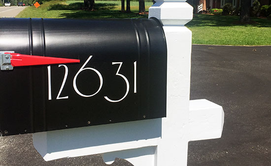 Submitted by: Stephen & Robert Lucas-Ward, 12631 General Puller Hwy, Hartfield, Virginia. 23071 - Font used: Camellia Custom Vinyl Mailbox Number