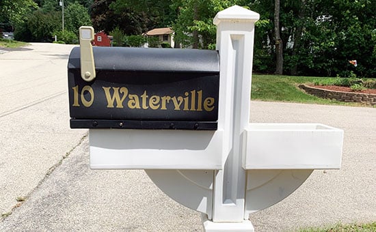 Submitted by: Mary Lehnert, Merrimack, NH. 03054 - Font used: Victorian Custom Vinyl Mailbox Address