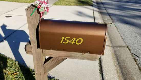 Submitted by: Don Nelson, Dunedin, Florida - Font used: Berlin Sans Custom Mailbox Vinyl Numbers