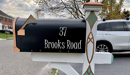 Submitted by: LESLIE, NJ, USA - Font used: Juice Custom Vinyl Mailbox Address