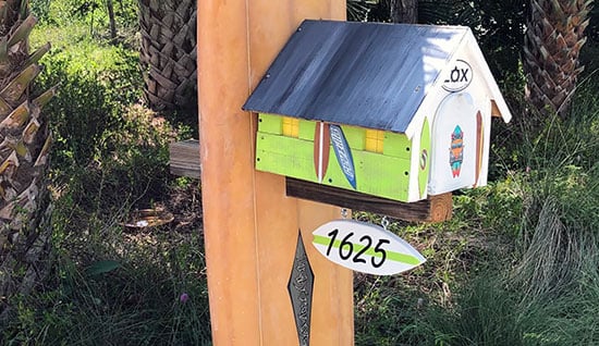 Submitted by: Surfer Dude and Dudette, 1625 some street, Surf City, USA - Font used: Freestyle Script Custom Vinyl Mailbox Number