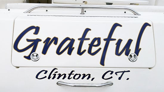 Submitted by: B. Rose, Clinton, CT - Font used: Prinstina Custom Vinyl Boat Name