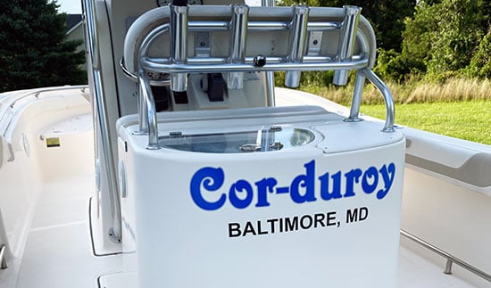 Submitted by: Matt Bruce, Baltimore, MD, USA - Font used: Victorian Custom Vinyl Boat Name