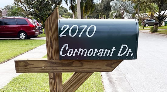 Submitted by: Amy Biller, Palm Harbor, FL - Font used: Benguiat Frisky Custom Vinyl Mailbox Lettering