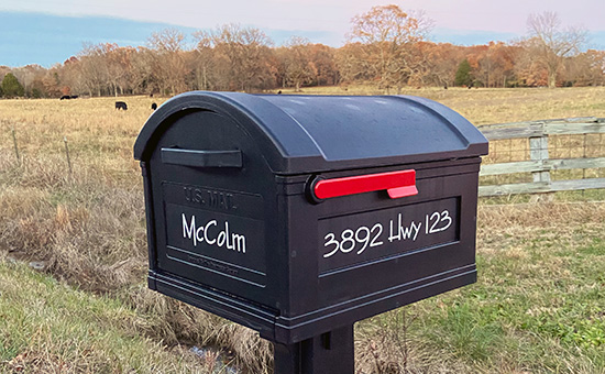 Submitted by: Denni McColm, Fair Play, MO - Font used: Enviro Custom Vinyl Mailbox Address