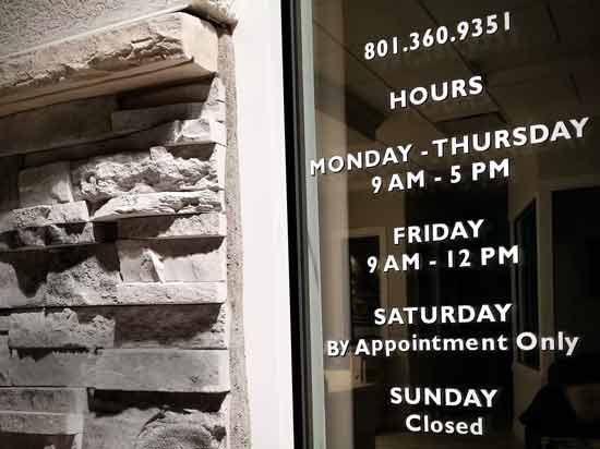 Submitted by: Julie Shoaee, American Fork, UT, USA - Font used: Gill Sans Business hours decal